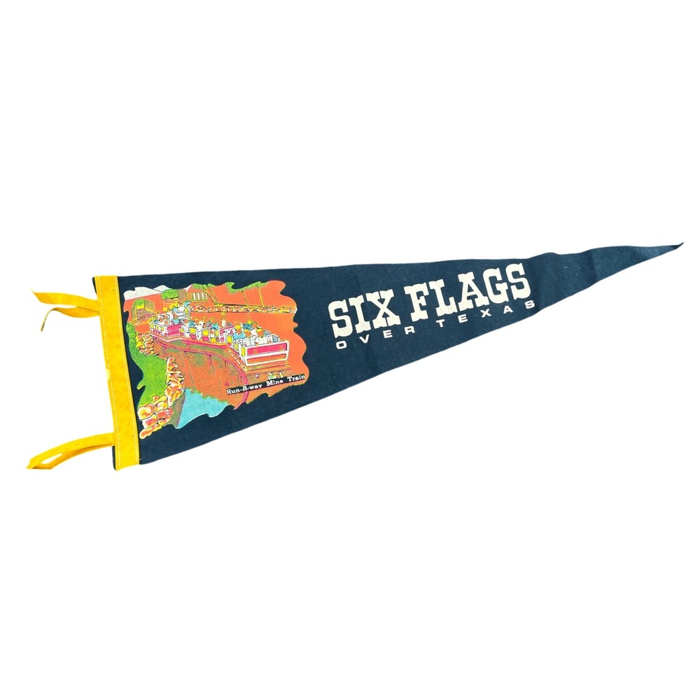Vintage Six Flags Over Texas Run-A-Way Mine Train Felt Pennant NavyBlue Souvenir